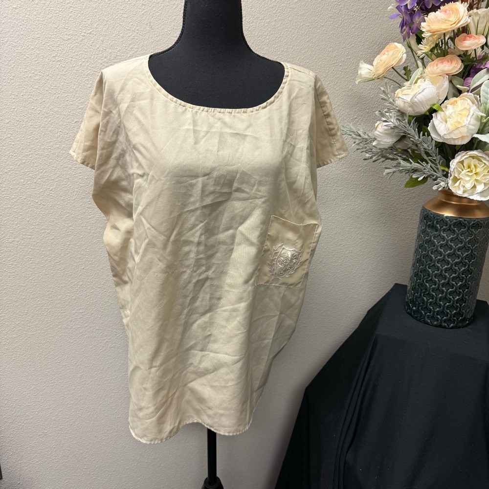 French Quarter Beige Embroidered Crest Pocket Tunic Top  Soft Neutral Boho